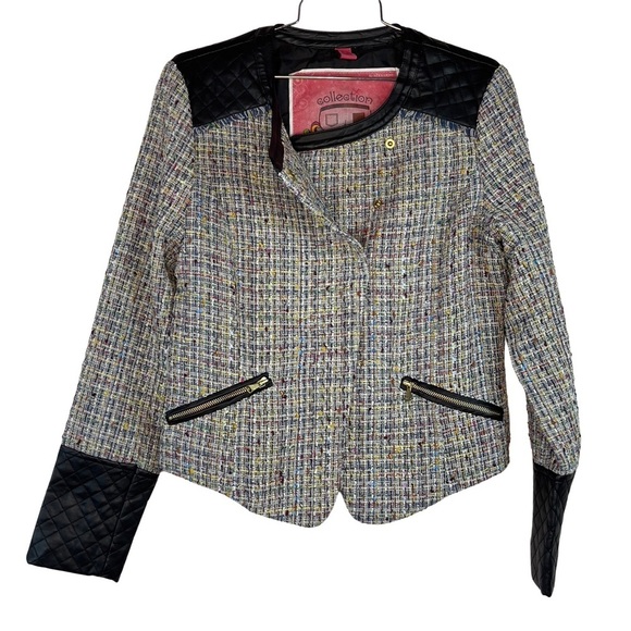 Collection by Bernardo Multicolor Tweed Faux Leather Jacket Size Medium - Picture 2 of 9
